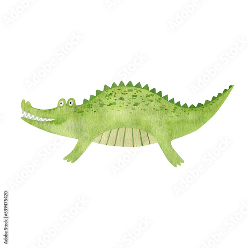 Watercolor illustration of a crocodile. Cute drawing.