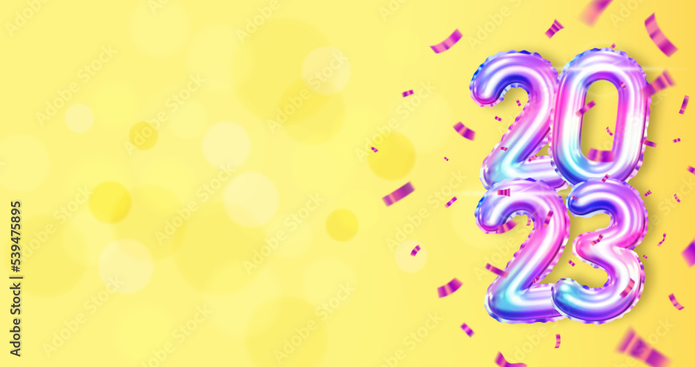 2023 3D Holographic Foil Balloon Numbers on Yellow Background. New Year Horizontal Banner with Colorful Confetti and Lights. Realistic Vector Illustration for Poster, Banner, Invitation Card etc. 2023 3D Holographic Foil Balloon Numbers on Yellow Background. New Year Horizontal Banner with Colorful Confetti and Lights. Realistic Vector Illustration for Poster, Banner, Invitation Card etc.