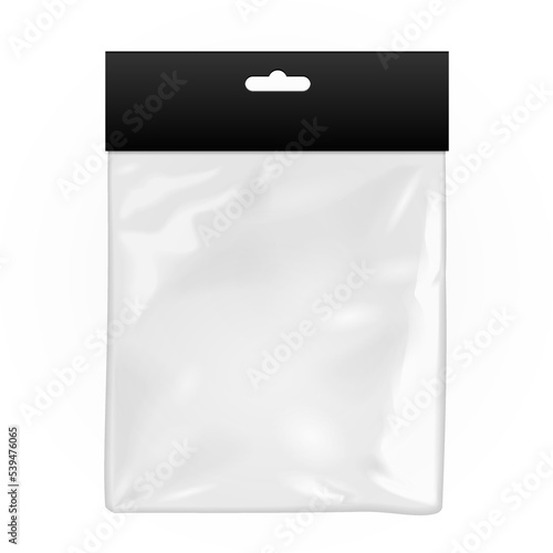 Black Blank Plastic Pocket Bag. Transparent. With Hang Slot. Illustration Isolated On White Background. Mock Up Template Ready For Your Design. Vector EPS10