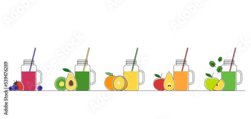 Smoothie. A set of jars with tubes. Fruit drink. Vector illustration. The image of fruits with drinks in jars with tubes. Linear art.