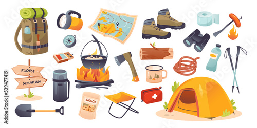 Bundle hiking collection. Hiking camping items. Hiking, camping. Cartoon vector illustration