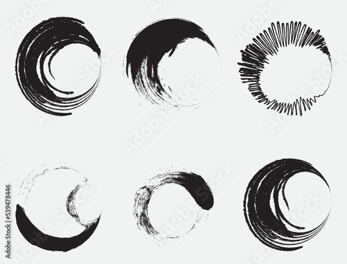 Grunge collection with black brush Vector, Abstract round halftone circle Grunge textured strokes Vector shapes.