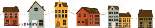 Colorful scandinavian houses with garlands on a white background