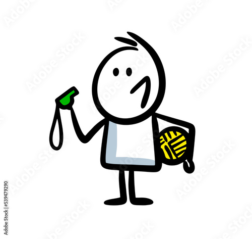 Football referee holding ball and whistle doodle illustration.