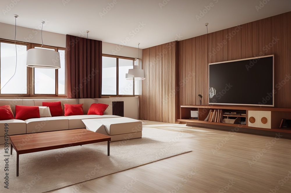 Fototapeta premium Modern Living Room Interior with empty wall, beige and red couch and wooden table. Mock up concept. 3d rendering