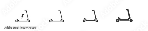 Electric kick scooter set black line icon different thickness. Isolated flat vector