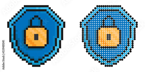 Pixel icon. Locked padlock on background of shield. Reliable secure storage of information and property. Simple retro game vector isolated on white background