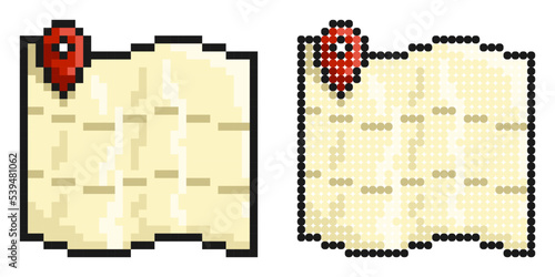Pixel icon. Map with checkpoint mark. Navigation on paper map using GPS system. Simple retro game vector isolated on white background