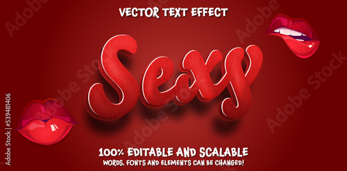 Sexy editable text effect on passionate red background with women lips. Party text effect, editable disco club text style. Vector Illustration of Adult Shop Promotion. Red lipstick lips