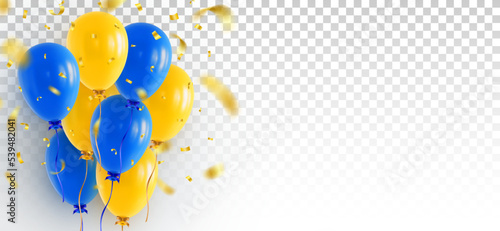 Bunch of blue and yellow helium balloons on transparent background with falling confetti and blank copy space at right. Web banner or greeting card design template. Realistic 3D vector illustration