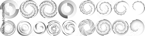 Abstract geometric circles with halftone dots. Vector rotating dotted Line Design . Transparent design element . Concentric circles logo set .Minimal art 