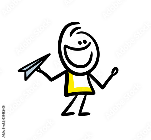 Funny little boy launching an airplane to the sky.