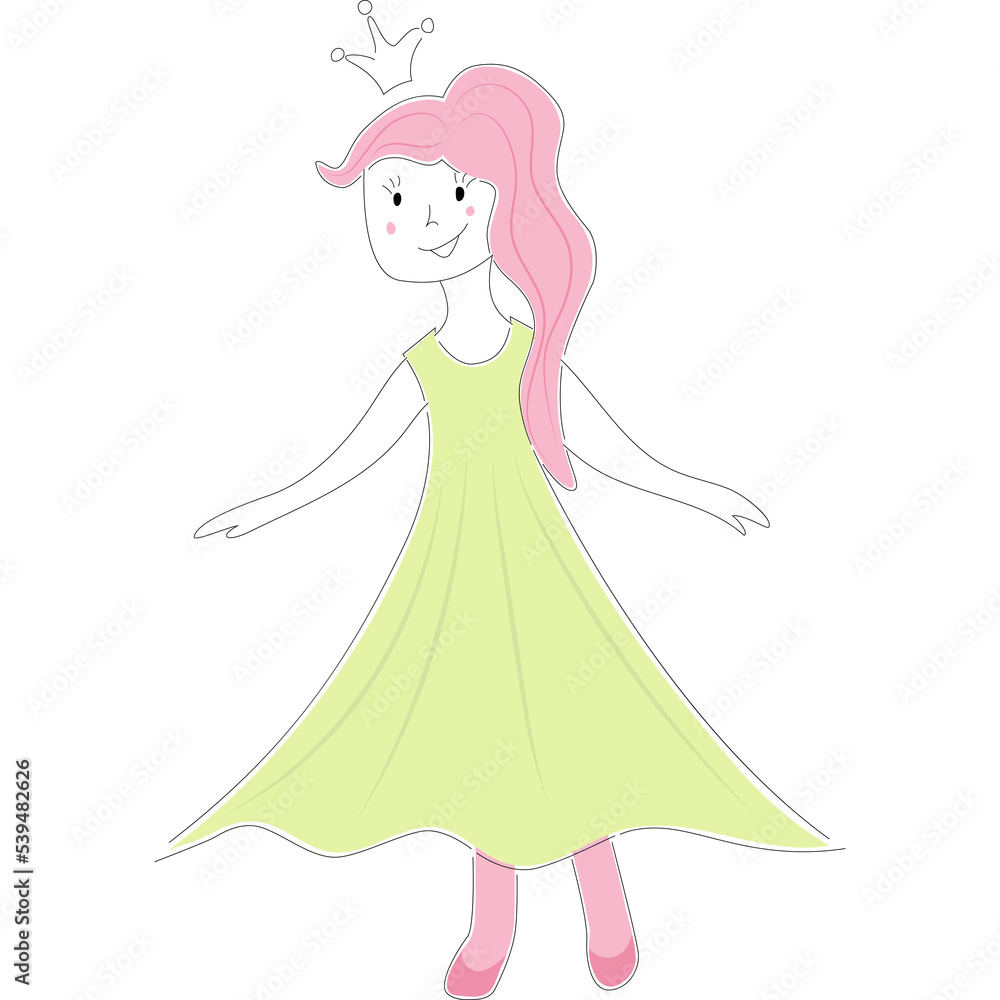 Fototapeta premium Hand drawn doodle cute princess in green dress and with pink hair