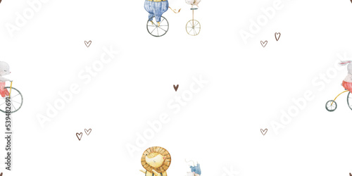 seamless, endless pattern with circus. Funny characters, trained animals on transport, jumping show, perfomance. Children's illustration, textile design, print on white background