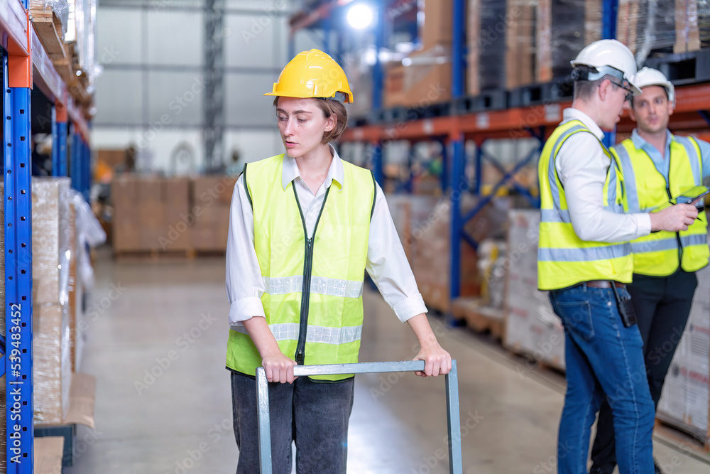 Warehouse worker use trolley carry carton box walk along the steel