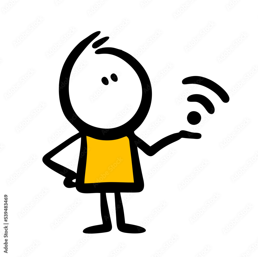 Doodle character holds wifi sign in his hand. Doodle character holds wifi sign in his hand.