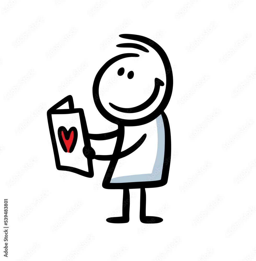 Happy doodle man with opened card for valentines day. Vector illustration pf holiday character. Happy doodle man with opened card for valentines day. Vector illustration pf holiday character.