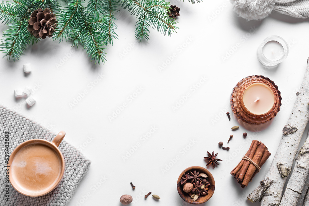 Winter background with cofee and pine branches Winter background with cofee and pine branches