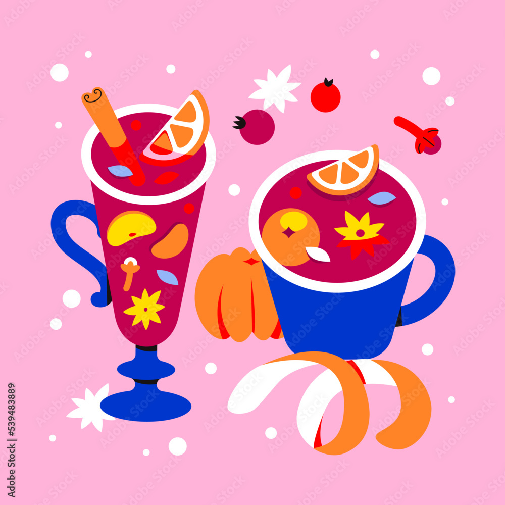 WChristmas card with mulled wine. Warming winter drinks in a glass and mug. Drinks for the menu WChristmas card with mulled wine. Warming winter drinks in a glass and mug. Drinks for the menu