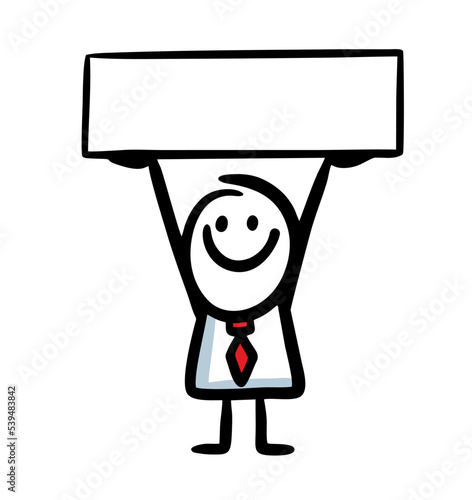 Sketch of happy stickman with hands up and banner above.