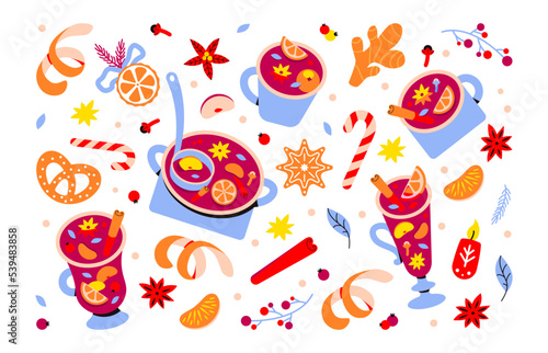 Christmas background with mulled wine, sangria, punch, grog. Glasses, mugs with red wine and fruits, spices