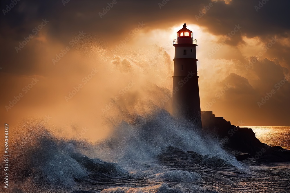 lighthouse on the coast confronting fierce seawave