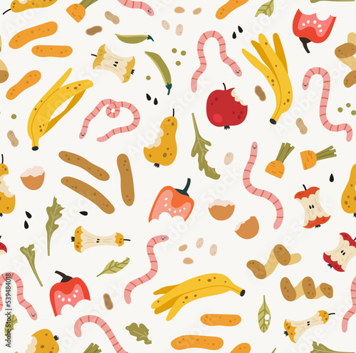 Seamless pattern of organic garbage, and worms. Waste of fruits, vegetables, greens, and nuts. Ecological recycling, responsible consumption. Organic waste for domestic composting.