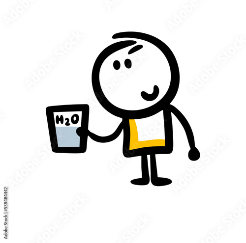 Sketch of doodle student boy with the glass of blue clean water to drink.