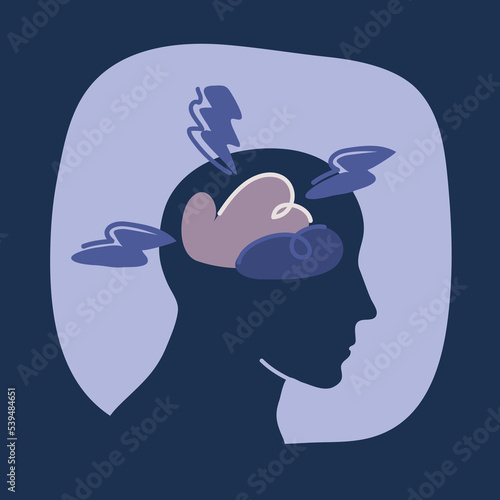 ?artoon vector illustration of Mental health concep. Head with bad weather inside. Thunder, clouds and lightning as a symbol of depression, anger, poor morale.