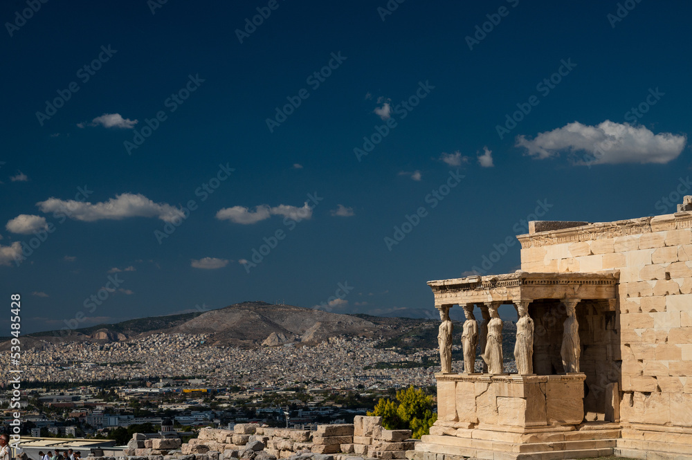 View of the Porch of the Maidens (or Caryatid Porch) from the The Erechtheion (also known as Temple of Athena Polias) in The Acropolis of Athens.