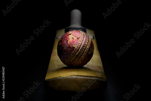 Red leather cricket ball on a cricket bat front view