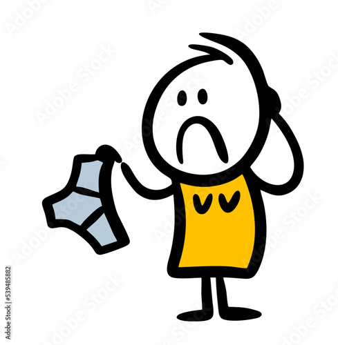Doodle cartoon woman holding mans underwear with unhappy face.