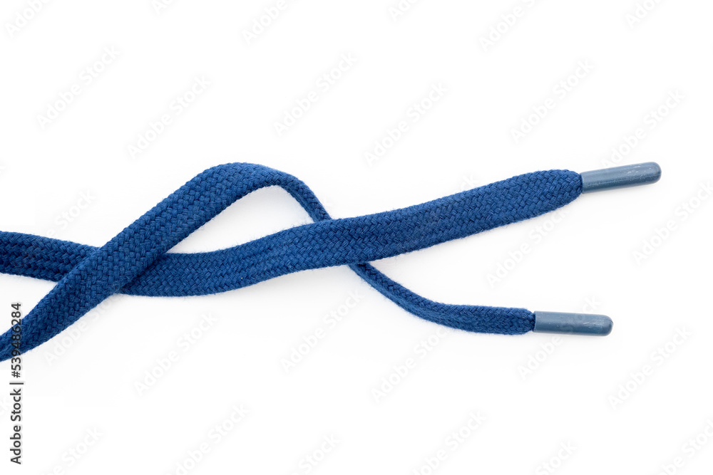 Dark-blue, blue sneakers shoelaces isolated on white, crumpled laces, top view. - obrazy, fototapety, plakaty 