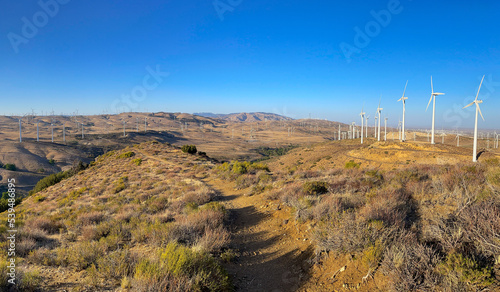 Panorama of Pacific Crest Trail in Techachapi Mountains with Wind Turbines