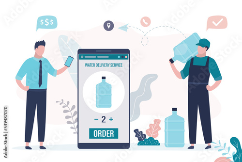 Businessman ordered gallons of aqua in mobile app. Deliveryman brought bottled water to customer for cooler. Courier quickly delivered order to client. Water delivery service.
