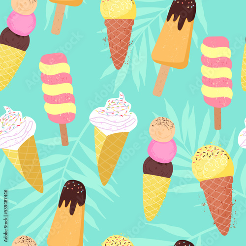 Seamless pattern with hand drawn cartoon ice cream and palm leaves