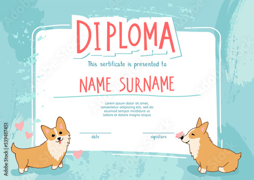 Kids diploma template with cute welsh corgi dog in cartoon style