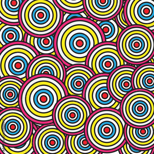 Abstract colorful chaotic circles design pattern background. Psychedelic circles seamless pattern  doodle texture in bright colors  pop culture styled background  vivid backdrop vector.
