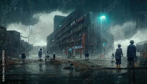 People walking on the streets in a post apocalyptic city, with green light tint, light rain, cinematic lights,