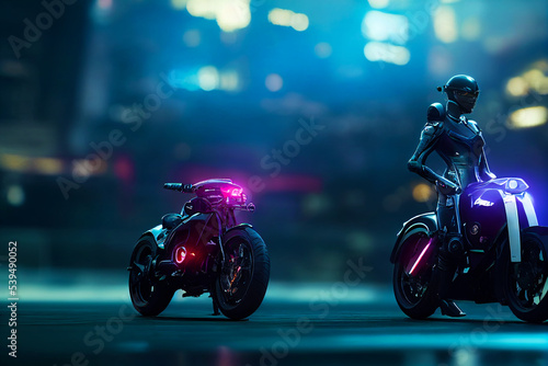 Cyberpunk motorcycles on the street. AI.