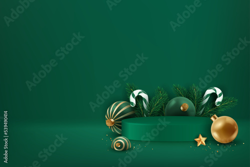 Christmas green podium with firs, candy canes, christmas balls, confetti and stars. Holiday background and festive decorations. Christmas and new year 3D scene, podium for product display