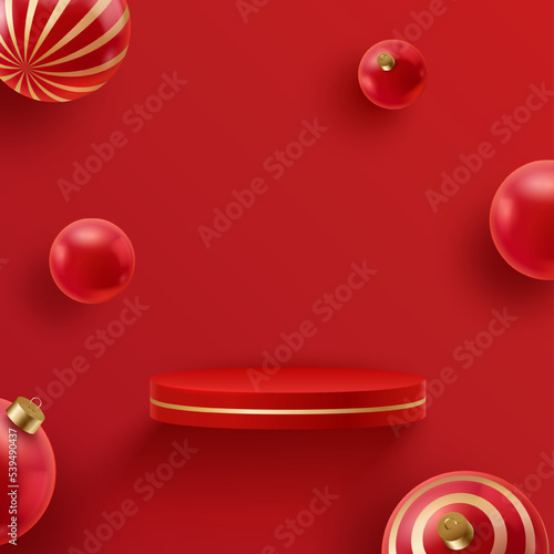 Christmas red flying podium with festive decorations. Christmas and new year 3D scene, podium for product display on red background