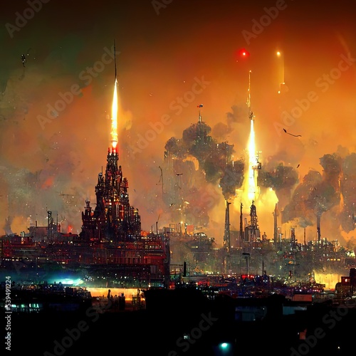 Space rocket, miisile illustration, cartoon image ofrocket launch. Futuristic post apocalyptic city. photo