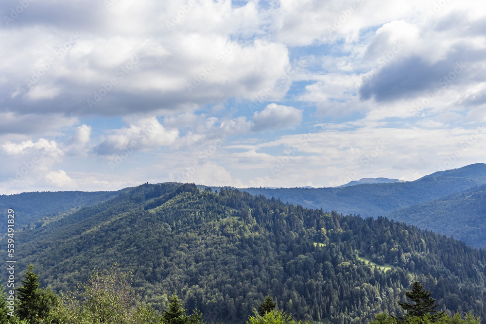 Beautiful panoramic views of the Carpathian Mountains from Uzhotsky pass high peak mountain in Ukrainian Carpathians Mountains