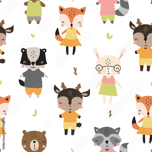 Seamless pattern with cute forest animals for kids. Vector illustration isolated on white background for textile and nursery decoration