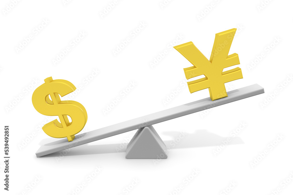 円とドルを天秤に乗せる。円安ドル高が進む。為替相場、円の価値が下がる。 円とドルを天秤に乗せる。円安ドル高が進む。為替相場、円の価値が下がる。