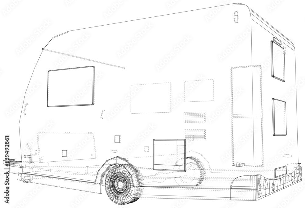 Wire-frame Trailer Camper. The layers of visible and invisible lines are separated. EPS10 format. Vector created of 3d.