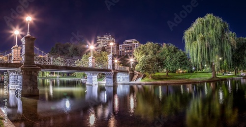 Panoramic view of the Boston Public Garden and the bridge with its reflection in the water at night. photo