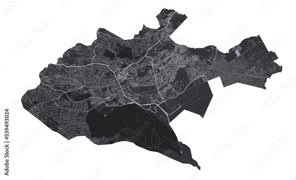 Nairobi vector map. Detailed black map of Nairobi city poster with roads. Cityscape urban vector.