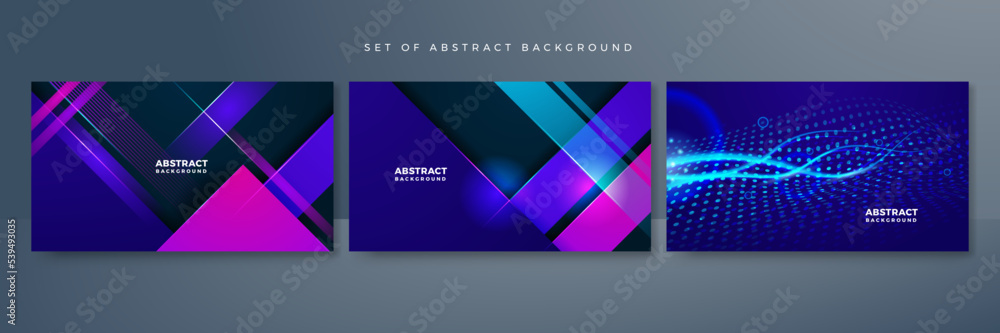Fototapeta premium Set of modern digital business technology blue purple abstract design background with lines, waves, speed lights, motion, data concept, science element, cyberspace shapes, and connection lines.